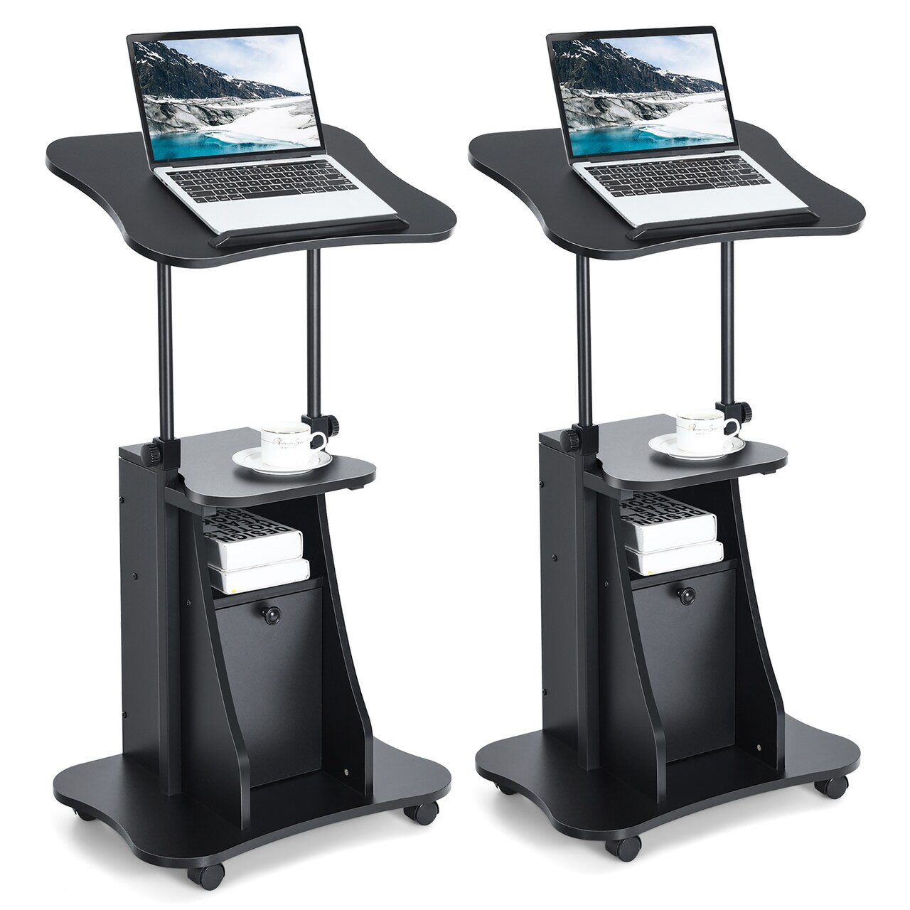 Costway 2 PCS Mobile Podium Stand Office Laptop Cart with Storage Adjustable Height White/Black